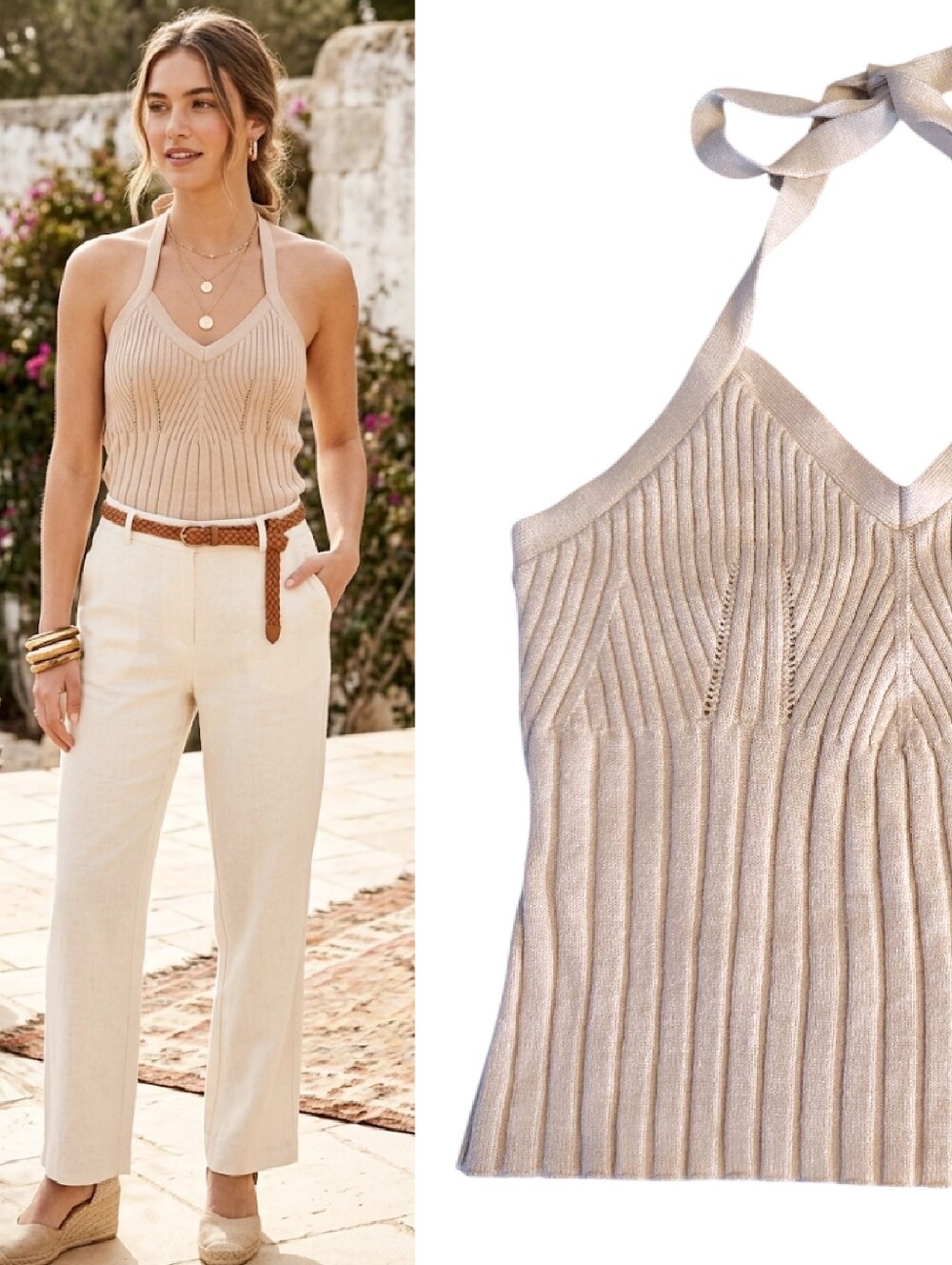 Aster Cream Color‎ Ribbed Knit V-Neck Halter Tank Top Large NWT Viscose Blend